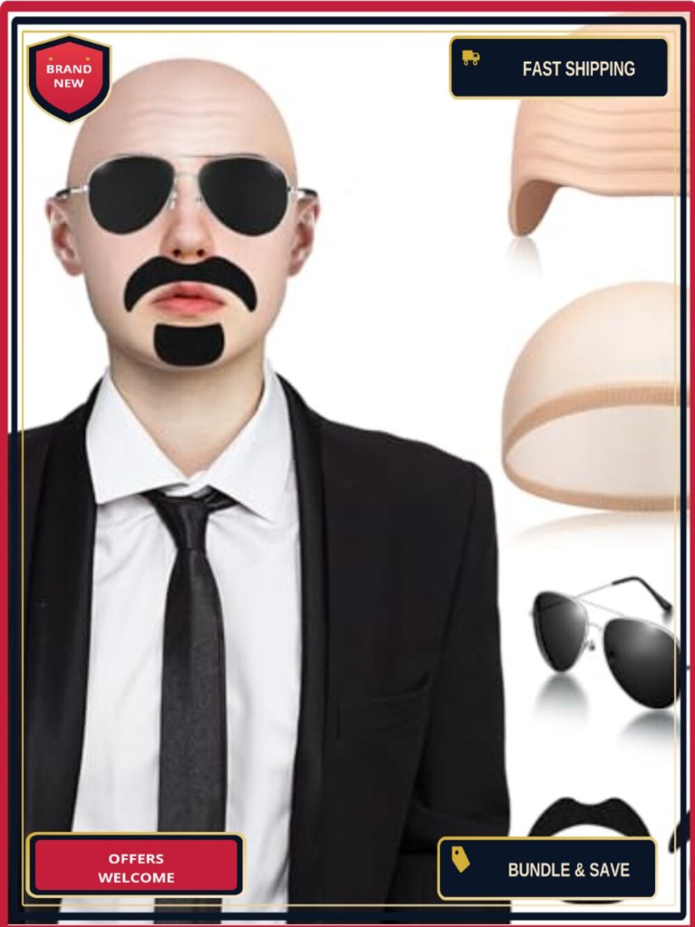 Bald Caps with Glasses Mustache Costume Accessory Set Adult Men Halloween